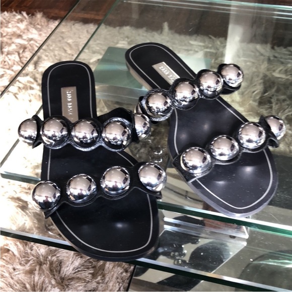 Zara Shoes - Zara Basic Black Flat Sandals Slides Silver Studded Euro 40